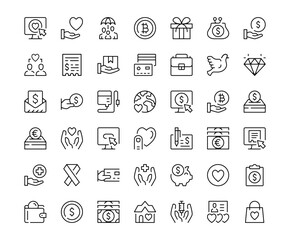 Charity icons. Outline symbols collection. Premium vector line icons set