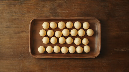 Herbal balls arranged on a wooden tray, symbolizing natural wellness and simplicity.
