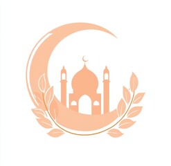 Obraz premium Elegant Mosque Silhouette within Crescent Moon, Floral Wreath