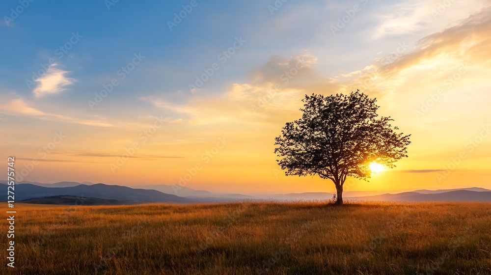 Poster serene sunset landscape featuring a solitary tree in a vast field under a colorful sky : generative 
