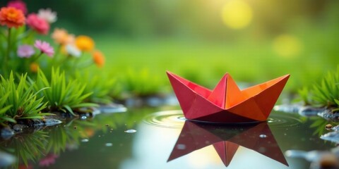A miniature paper boat floats serenely on a tranquil puddle amidst a vibrant tapestry of wildflowers and lush greenery, bathed in the soft glow of natural sunlight.