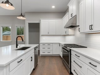 Fototapeta premium Modern kitchen interior with white cabinets and stainless steel appliances, bright ambiance