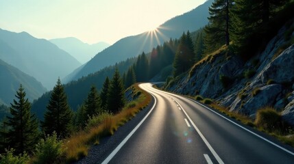 Fototapeta premium Asphalt ribbon curving through a sun-drenched mountain valley, evergreen trees lining the path, a tranquil journey awaits