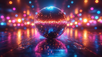Reflective sphere, neon lights, dance floor, vibrant background, party backdrop