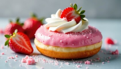 Pink donut with strawberry filling and whipped cream on top, strawberries, filling