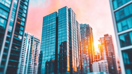 Obraz premium Modern skyscrapers reflecting sunset colors in an urban cityscape