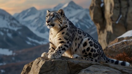 Fototapeta premium Snow leopard resting on mountain peak at dusk