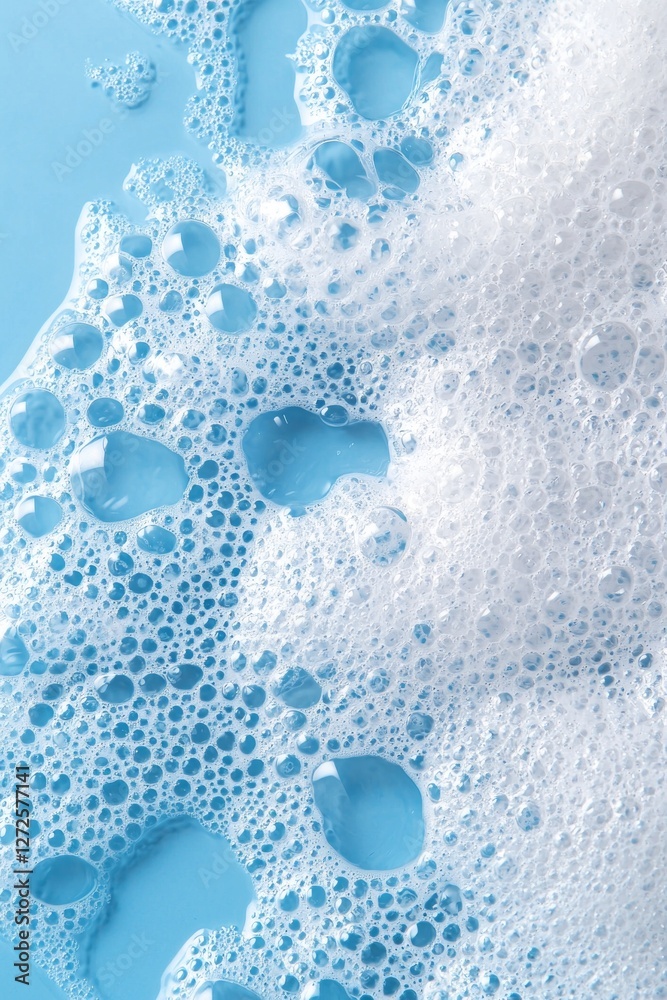 Aufkleber Frothy soap foam spreads across a smooth blue surface, creating a whimsical texture filled with tiny bubbles that catch the light, inviting exploration and joy in everyday moments
