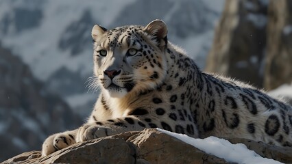 Obraz premium Snow leopard resting on a rocky outcrop in the mountains
