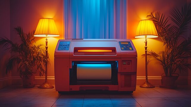 Retro printer, room, night, lamps, paper, home office, design, illustration, stock photo