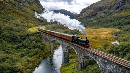 steam train crosses old stone bridge over deep valley, surrounded by lush mountains