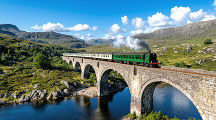 steam train crosses old stone bridge over deep river, surrounded by lush hills
