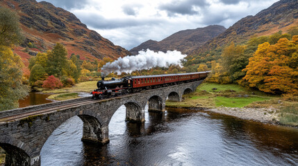 steam train crosses old stone bridge over deep river, surrounded by autumn trees