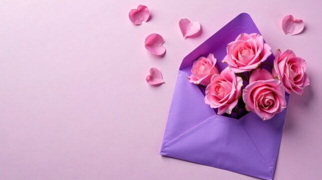 A purple envelope overflowing with a bouquet of pink roses and scattered rose petals on a pale pink background, suggesting a romantic message or heartfelt expression.