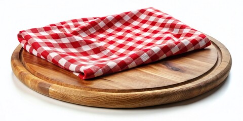 Obraz premium Rustic Red Checkered Napkin & Wooden Board for Pizza Presentation - Isolated White Background