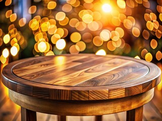 Obraz premium Rustic Round Wooden Coffee Table with Bokeh Background - High-Resolution Stock Photo