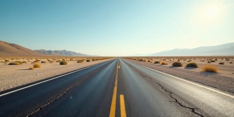 Fototapeta premium Endless Asphalt Highway Stretching Across a Desolate, Sun-Drenched Desert Landscape Under a Clear Blue Sky