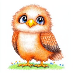 Fototapeta premium Adorable Orange Baby Bird Cartoon Illustration With Large Blue Eyes