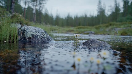 Fototapeta premium Small white wildflowers grow in a shallow forest stream flowing through a pine woodland under an overcast sky.
