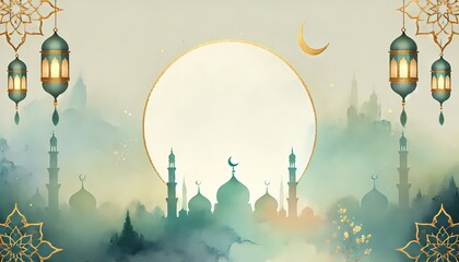 Soft watercolor Ramadan background with subtle mosque silhouettes and a crescent moon in the top corner, leaving the center completely open for customizable text or images