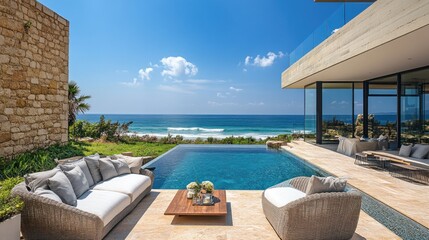 Fototapeta premium Modern Oceanfront Villa With Infinity Pool and Lounge Area
