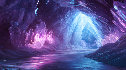 3d render of a sparkling crystal cave with reflective surfaces and flowing liquid light. Radiant Crystal Caverns. Illustration