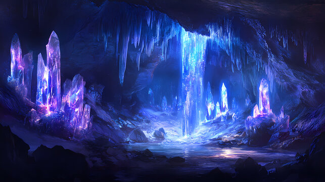 cavern air crystalline stalactites towering