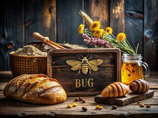 Rustic Wooden Sign with Bug Warning on Grunge Background Next to Freshly Baked Bread and Honey