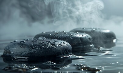 Group of black stones in the warm water with bokeh background