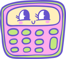 A playful, cartoon-style calculator illustration with a smiling kawaii face, pastel pink and green buttons, and a cheerful expression