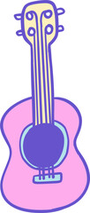 A fun cartoon-style illustration of a pastel-colored guitar featuring pink, purple, and yellow tones with a whimsical, hand-drawn design