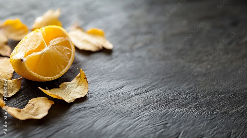 Poster Fresh Lemon Slices and Dried Petals on a Dark Slate Surface : Generative AI