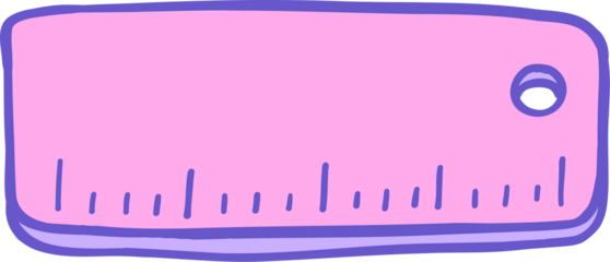 A playful cartoon-style illustration of a pastel pink ruler with measurement markings, outlined in purple for a whimsical and fun design