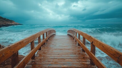 Naklejka premium Wooden bridge leading to a stormy ocean shore