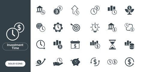 Vector icons related to investment time, business finance, analysis and cash flow. Solid icons in a minimal, lightweight style.