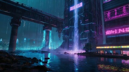 Obraz premium Vibrant Cyberpunk Cityscape at Night
