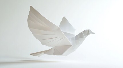 Origami dove in flight, white paper bird, minimalist design.