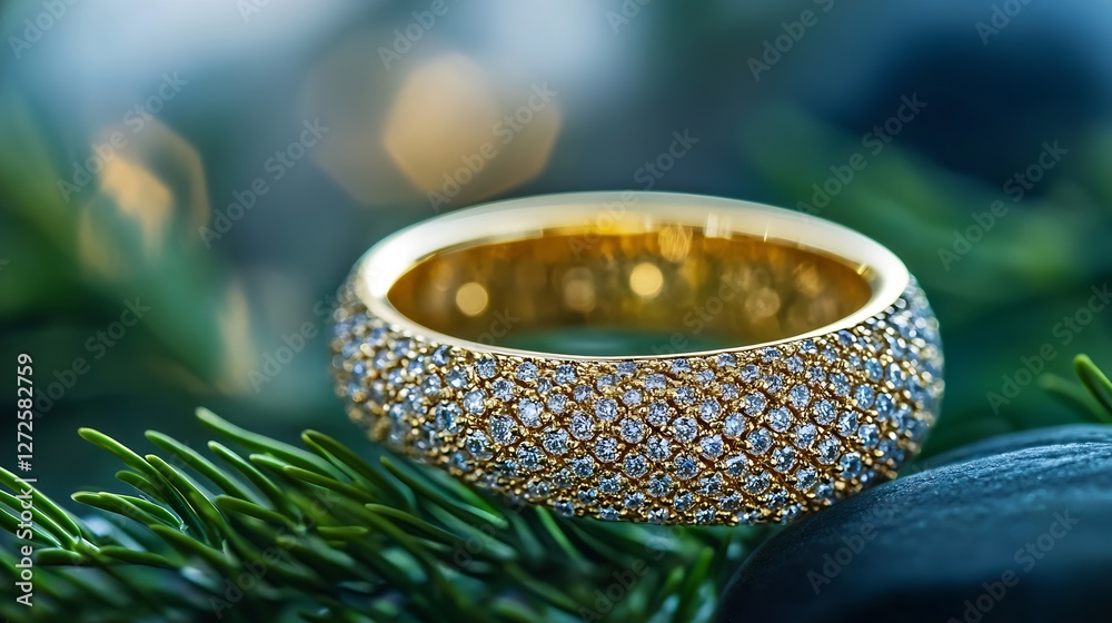 Aufkleber Elegant Gold Ring Embedded with Sparkling Diamonds Resting on a Stone Surrounded by Nature : Generative AI