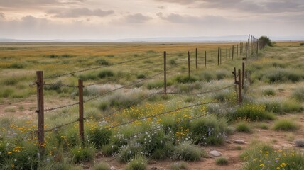 Obraz premium Rustic wooden fence meandering through a vibrant wildflower meadow under a serene cloudy sky, a picturesque pastoral scene evoking a sense of tranquility and untouched natural beauty.