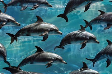 Fototapeta premium School of Dolphins Swimming in Ocean