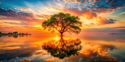 Serene Sunset Solitary Tree Silhouetted Against Vibrant Sky Reflected in Calm Waters