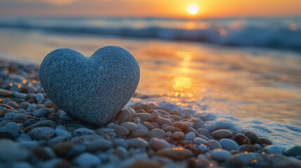 Fototapeta premium Stone heart sunrise beach pebbles ocean romance