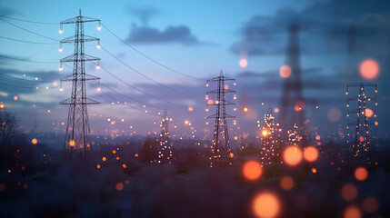 Glowing power grid nodes with a data center backdrop, symbolizing sustainable energy innovation.
