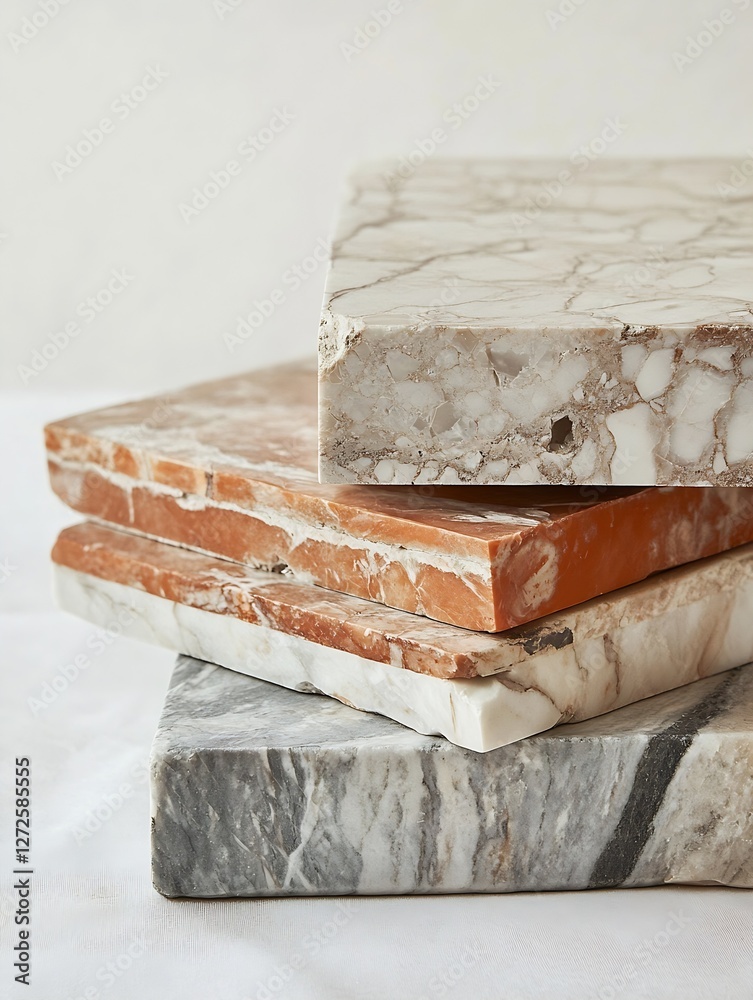 Leinwandbilder stack of various marble stone textures arranged elegantly on soft background : generative ai