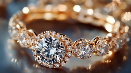 Fototapeta premium Close Up of Elegant Gold Ring with Brilliant Diamonds Set Against a Glittering Dark Background : Generative AI