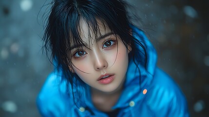 Fototapeta premium Woman, blue jacket, rain, city, looking up, portrait, website banner