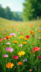 Obraz premium Serene meadow filled with an array of colorful wildflowers, meadow, wildflowers, nature