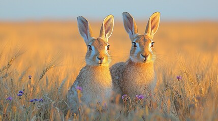 Obraz premium Golden Hour Bunnies: A Pair of Hares in a Wheat Field