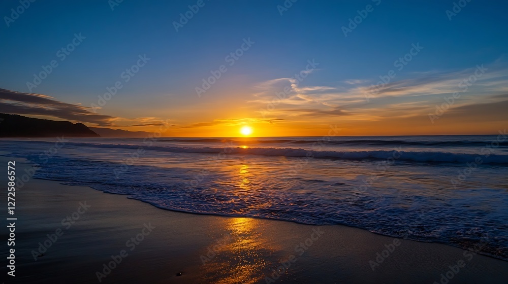 Poster Stunning Sunset Over Serene Beach with Golden Reflection in Calm Waves : Generative AI