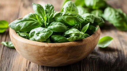 Fresh Green Basil Leaves in Wooden Bowl on Rustic Table for Culinary and Healthy Lifestyle Use : Generative AI